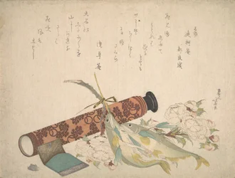 Martwa natura: gałązka podwójnego kwiatu wiśni, teleskop, słodka ryba i chusteczka, c..., ca. 1804-13.