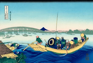 Zachód słońca przez most Ryogoku od brzegu rzeki Sumida w Onmayagashi, 1830-1833.