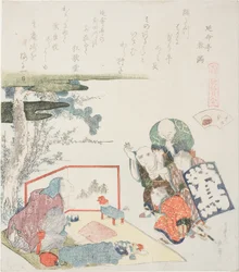 Sprzedawca zabawek, ilustracja do Małża słodkowodnego (Shijimigai), z serii „Gra w dopasowywanie z muszelkami poematu z okresu Genroku (Genroku kasen kai awase)”