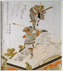 Legendarna walka samuraja Minamoto no Yoshitsune (1159-1189) z Saito Musashibo Benkeiem, buddyjskim mnichem z XII wieku, na moście Gojo w Kioto. Japoński druk „Surimono Nishiki-e” (Surimono Nishiki e) autorstwa Katsushiki Hokusaia (1760-1849)