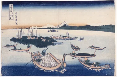 Wyspa Tsukuda w prowincji Musashi (kolorowy drzeworyt)