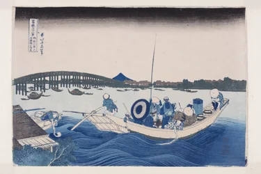 Viewing Sunset over Ry?goku Bridge from the Onmaya Embankment (Onmayagashi yori Ry?goku-bashi no sekiy? o miru) (colour woodblock print)