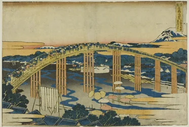 Most Yahagi w Okazaki na Tokaido (Tokaido Okazaki Yahagi no hashi), z serii "Niezwykłe widoki słynnych mostów w różnych prowincjach (Shokoku meikyo kiran)".