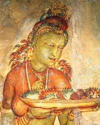 Apsaras, niebiańska nimfa oferująca kwiaty, fresk, ufortyfikowana cytadela Sigiriya (Lista Światowego Dziedzictwa UNESCO