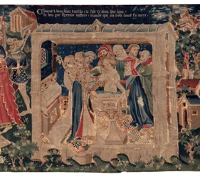 Historia św. Piata i św. Eleutery, zwana także gobelinem z Arras. Rozkaz u kanonika Toussaint Prier, kapelan księcia Burgundii, koniec XIV-początek XV wieku. 22m x 2m. Detal (gobelin)