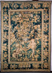 Gobelin. Enghien. Chłopiec w obliczu dzikiego zwierzęcia (Bambin taquinant un jeune fauve, De knaap met het jonge wilde dier). 363 cm x 259 cm. Chłopiec lub putto drażniące dzikie zwierzę, być może lamparta, z gruszką przytwierdzoną do patyka.