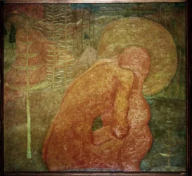 Szkic do fresku. Modlitwa. (Szkic do malowania fresku; Modlitwa). Naga postać, w leśnym pejzażu, zwinięta w kłębek pod swoją aureolą. Praca Kasimira Severinovicha Malevicha (Malevich, Malevic) (1878-1935), tempera na tekturze