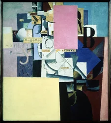 Dame au poste de poster (Pani na posterunku). Praca Kasimira Severinovicha Malewicza (Malevich, Malevic) (1878-1935), olej na płótnie i kolaż
