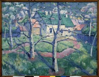 Kwitnące Jabłonie. Latem wiejski krajobraz, kilka domów, ścieżka, drzewa. Obraz Kasimira Severinovicha Malewicza (Malevich, Malevic) (1878-1935), olej na płótnie
