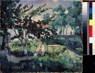 Letni krajobraz. Opis ogrodu małego wiejskiego domu w lecie, z dzieckiem cieszącym się letnimi wakacjami. Obraz Kasimira Severinovicha Malewicza (Malevich, Malevic) (1878-1935), olej na płótnie