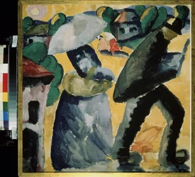 Województwo. Scena codziennego życia na ulicach małej wioski, para zaskoczona deszczem idzie w ulewie, kobieta chowa się pod parasolem. Praca Kasimira Severinovicha Malevitcha (Malevich, Malevic) (1878-1935), gwasz na papierze