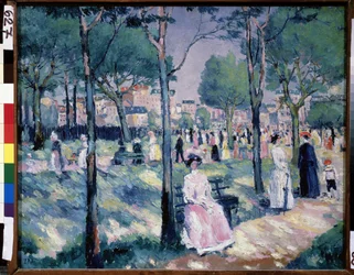 Na Bulwarze (Na Bulwarze). Scena letnia, w parku z miastem w tle, spaceruje wiele rodzin. Obraz Kasimira Severinovicha Malewicza (Malevich, Malevic) (1878-1935), olej na płótnie