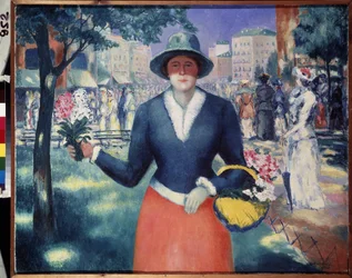 Dziewczyna z kwiatami. Scena letnia, tłum spacerujący po publicznym parku w środku miasta, portret kwiaciarza. Obraz Kasimira Severinovicha Malewicza (Malevich, Malevic) (1878-1935), olej na płótnie