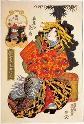 Kurtizana Hanaogi z domu Ogiya podczas wiosennej parady kurtyzan, około 1830, artystyczny druk ukiyo-e Keisaia Eisena (1790-1848), drzeworyt Oban tate-e, 38.5 x 25.7 cm, cywilizacja japońska, okres Edo