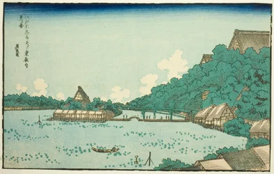 Świątynia Toeizan widziana z sanktuarium Shinobazu Benten w Edo (Edo Shinobazu Benten yori Toeizan o miru zu), z serii słynnych miejsc w Edo z ramkami zachodnich liter