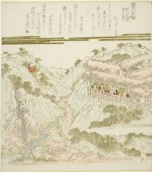 Widok gorących źródeł Miyanoshita w Hakone, Soshu, z serii „Gorące źródła – dyptyk (Onsen niban tsuzuki)”