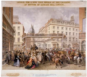 Projekt nowej kładki na skrzyżowaniu Ludgate Hill i Fleet Street, City of London, 1862.
