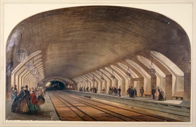 Wnętrze stacji Baker Street z peronami i nadjeżdżającym pociągiem, Londyn, c1865