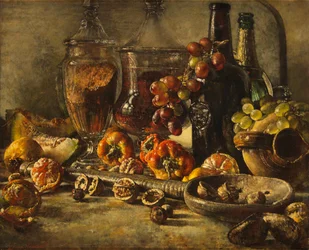 Martwa natura z owocami, orzechami i butelkami (olej na płótnie)
