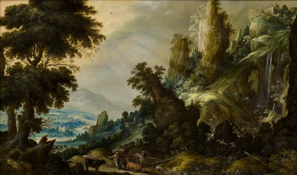 Krajobraz górski z wodospadem, 1605-1609