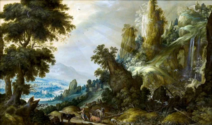 Krajobraz górski z wodospadem autorstwa Keunincka, Kerstiaen, de (ok.1560-1633)