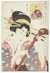 Kobieta z shamisen Trzech młodych poetów (tytuł serii) Waka sanjin (tytuł serii na obiekcie)