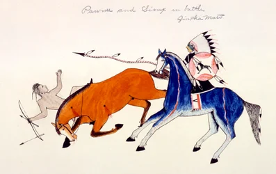 Zrzucenie z konia wojownika Pawnee przez wojownika Dakota Sioux Zintka Mato Dog Bear, c1889-1927.