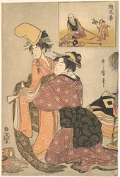 Kobieta ubierająca dziewczynę do tańca kabuki „Musume Dōjōji”, z „bratnim obrazem” (E-kyōdai) tresera małp