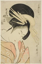 Akashi z Tamaya, z serii Siedmiu Komachich z Yoshiwary (Seiro nana Komachi) (Tamaya uchi Akashi, Uraji, Shimano), ok. 1794-95 (kolorowy drzeworyt; oban)