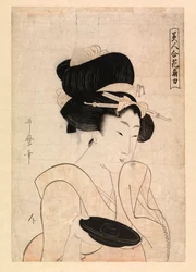 Kurtyzana trzymająca kielich sake, ok. 1790-1806 (kolorowy drzeworyt)