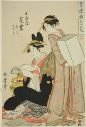Hanamurasaki z Tamaya, (kamuro:) Shirabe, Teriha, Kwiaty z serii Śnieg, Księżyc i Kwiaty w Yoshiwara (Seiro setsugekka) (Tamaya uchi Hanamurasaki, Shirabe, Teriha)