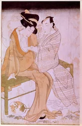 Przedstawienie japońskiej pary głaszczącej się na ławce. Ryciny Utamaro Kitagawy (1753-1806). Ciemny. 0,38x0,245m. Paryż, Muse Guimet, Narodowe Muzeum Sztuki Azjatyckiej