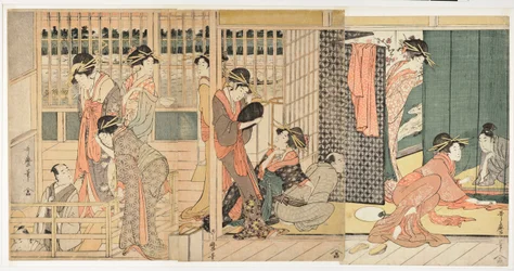 Poranna scena w japońskim „domu tolerancji” (karitaku) – wydruk Kitagawa Utamaro (1753-1806)
