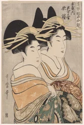 Kurtyzany Kasugano i Utahama z Tamaya z serii Courtesans of the Pleasure Quarters in Double Mirrors
