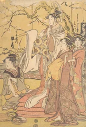 Oiran Hinazuru z Chojiya stojący na stosie futonu, ca. 1794.