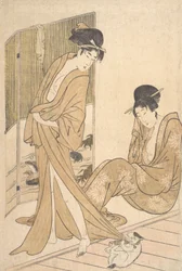 Dwie młode kobiety owinięte w yukatę po kąpieli, ca. 1796.