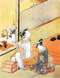 Kobieta paląca fajkę, grafika ukiyo-e, szkoła Tosa, drzeworyt, cywilizacja japońska, okres Edo