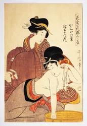 Kobieta myjąca się, ok. 1803, ilustracja Kitagawy Utamaro (1753-1806) z Hana Awase Kesho Kurabe, drzeworyt Aiban-tate-e, cywilizacja japońska, okres Edo