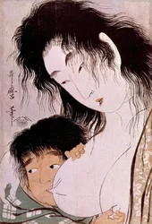 Yamauba i Kintaro: starożytna japońska grafika autorstwa Utamaro Kitagawy (1753-1806). Słońce. 0,37x0,25m. 1801-1803. Paryż, Muzeum Guimet, Narodowe Muzeum Sztuki Azjatyckiej