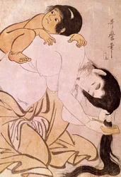 Yamauba i Kintoki Matka czesze włosy, niosąc dziecko na plecach. Japońska grafika Utamaro Kitagawy (1753-1806). 18 wiek. Paryż, Muzeum Guimet, Muzeum Sztuki Azjatyckiej