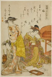 Kurtyzana Hitomoto z Daimonjiya, z albumu „Comparing New Beauties of the Yoshiwara – A Mirror of Their Own Writings (Keisei shin bijin awase jikihitsu kagami)”