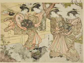 Kurtyzany Ogiyi, z książki „Zwierciadło pięknych kobiet z dzielnic przyjemności (Seiro bijin awase sugata kagami),” tom. 1