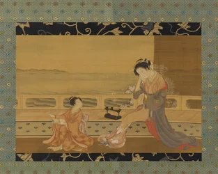 Dwie dziewczyny na balkonie z widokiem na morze, okres Edo, 1739-1820.