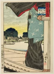 Odległy widok na wzgórze Matsuchi widziany z rzeki Sumida (Sumidagawa yori Matsuchiyama enkei) z serii "Sto widoków prowincji Musashi (Musashi hyakkei no uchi)".