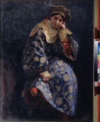 Córka bojara (dzika, bojara) (córka bojara). Portret młodej tradycyjnej rosyjskiej szlachcianki, w czasach kłopotów w latach 1598-1613. Obraz Klavdi Vasilyevich Lebedev (1852-1916), olej na płótnie