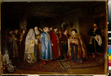 Ślub bojarski (bojar, bojar) w XVI wieku, panna młoda ma na sobie kokochnik (Wesele bojara) - Olej na płótnie Klavdi Vasilyevich Lebedev (1852-1916)