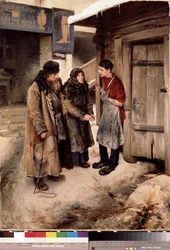 Wizyta rodziców u syna. (Rodzice odwiedzają syna). Spotkanie rodzinne na polnej ulicy, przed szyldem szewca. Syn ma na sobie fartuch rzemieślnika. Obraz Klavdi Vasilyevich Lebedev (1852-1916), olej na płótnie