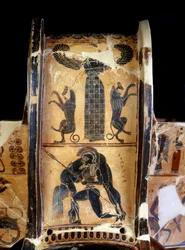 Waza François: fragment czarnofigurowego krateru przedstawiający martwego Achillesa niesionego przez Ajasa, wykonany przez garncarza Ergotimosa i malarza Kleitiasa. 570 p.n.e. Ze Sieny. Florencja. Narodowe Muzeum Archeologiczne.