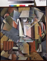 Auto-retrato com uma serra. Pintura de Ivan Vassilyevich Klyun (Kliun) (Ivan Klioune) (1873-1943), óleo sobre tela polida