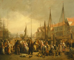 Targ rybny w Bergen autorstwa Knuda Bergsliena, Norwegia XIX wiek